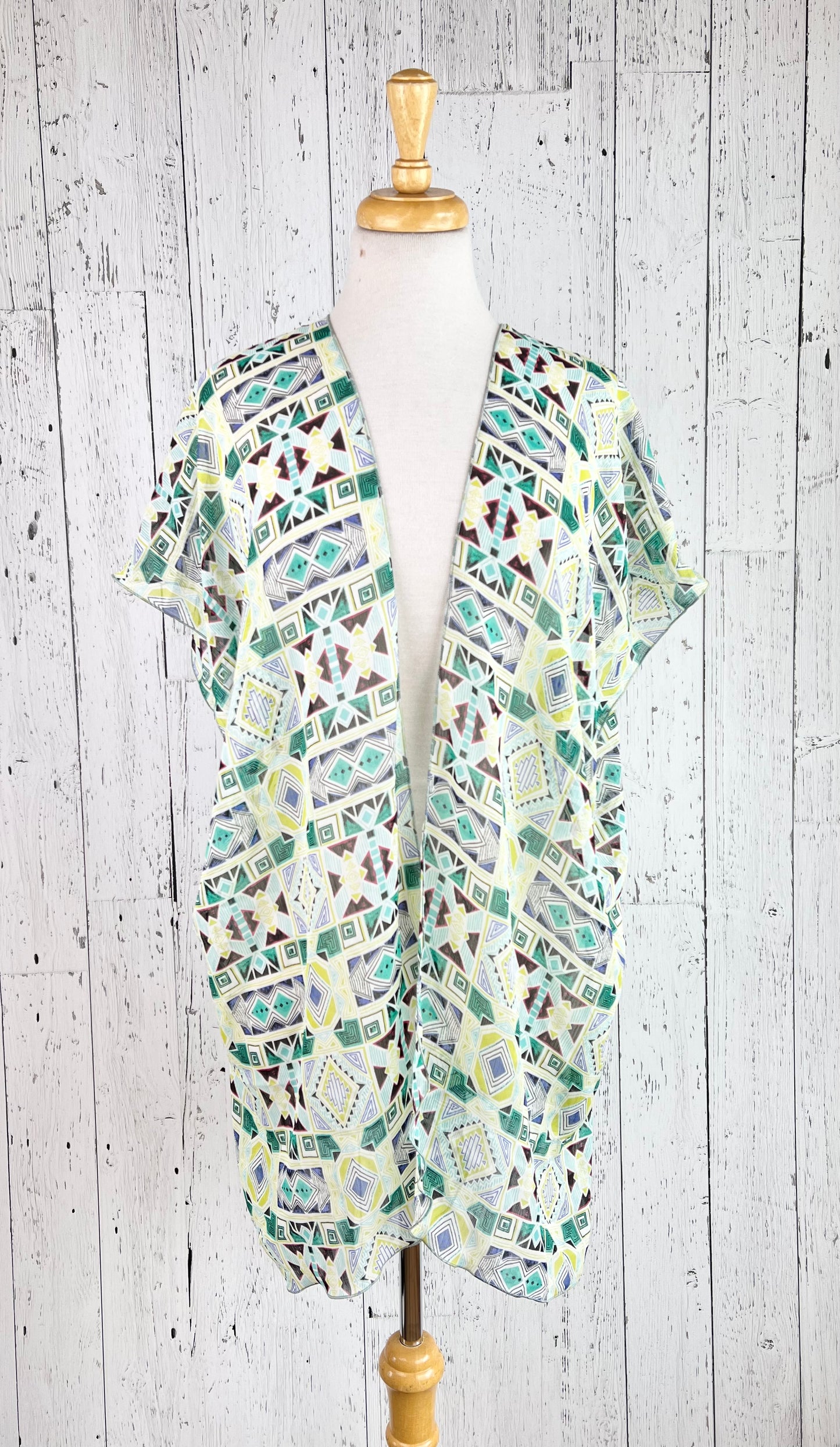 Green Geo Print Short Sleeve Kimono