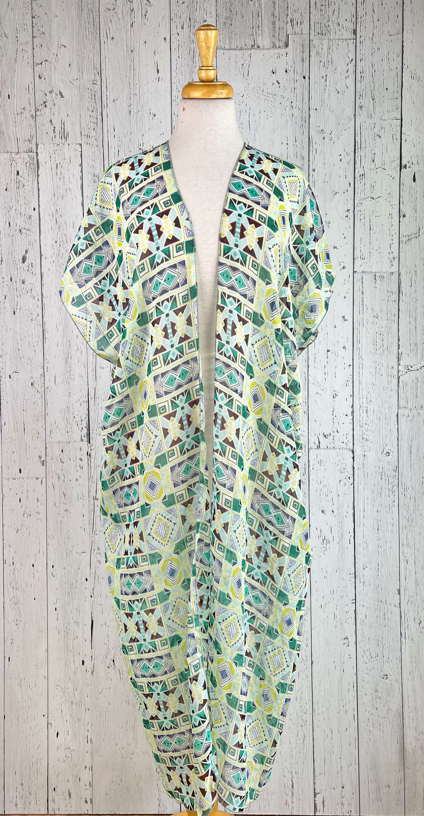 Green Geo Print Short Sleeve Kimono