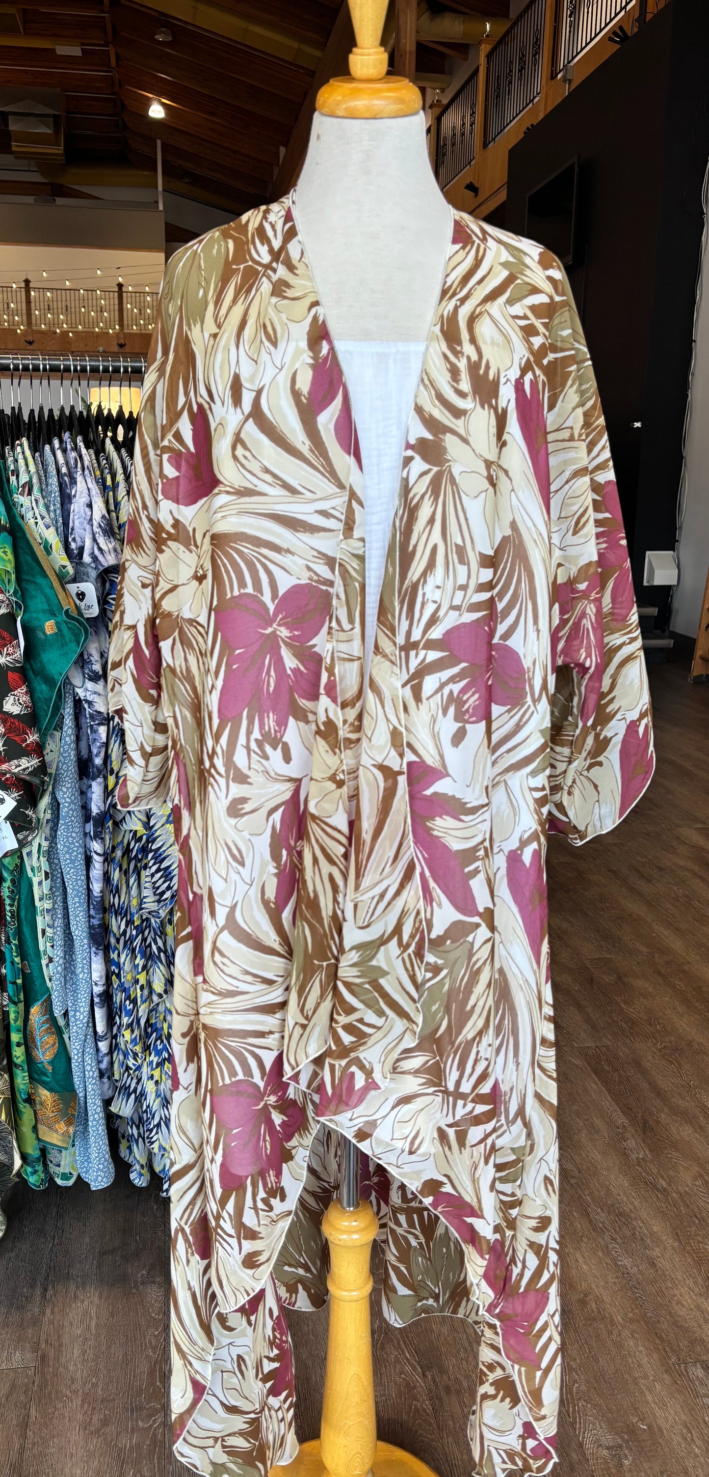 Cream & Burgundy Plants Sleeved Kimono Various Lengths