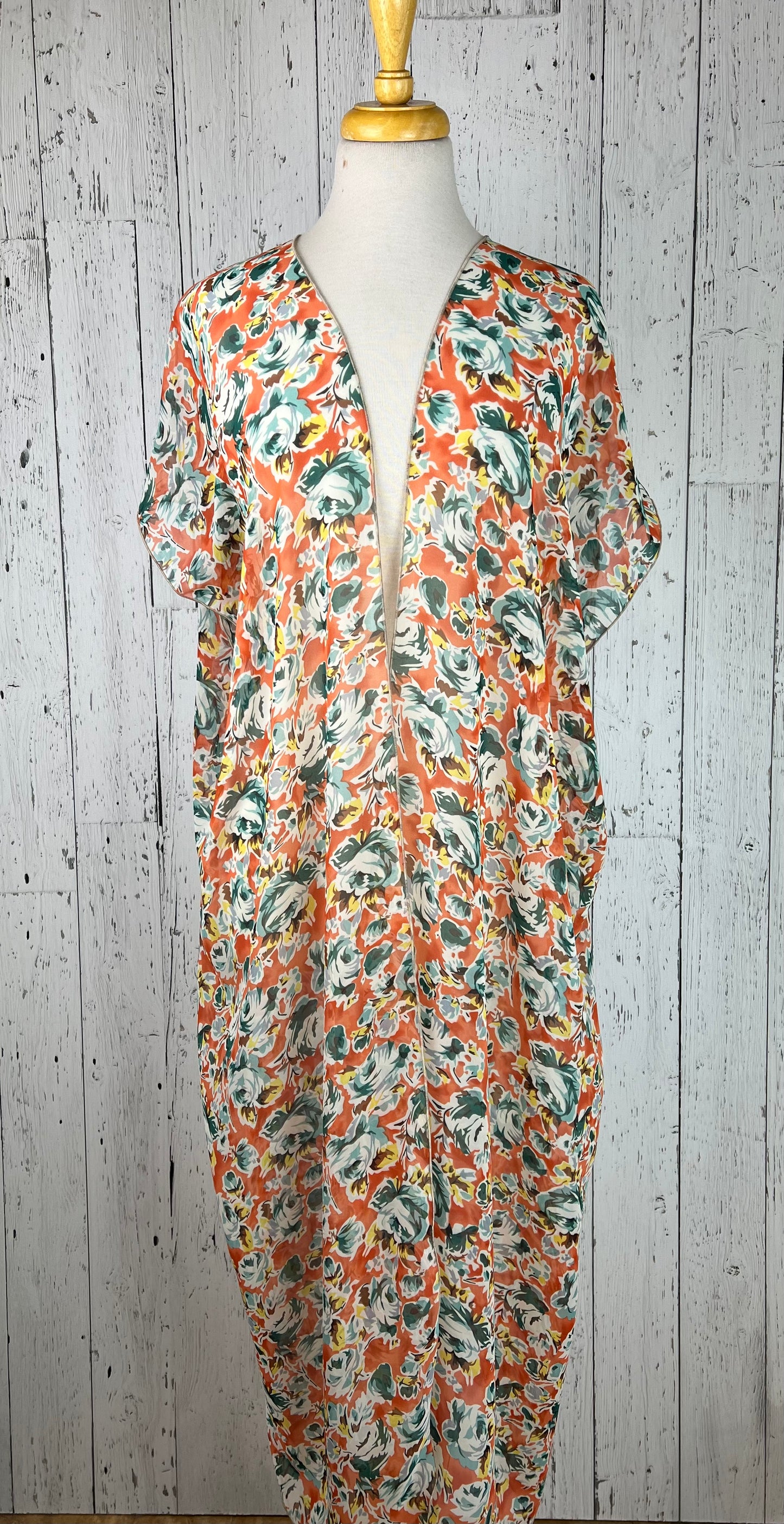 Orange & Teal Floral Short Sleeve Kimono