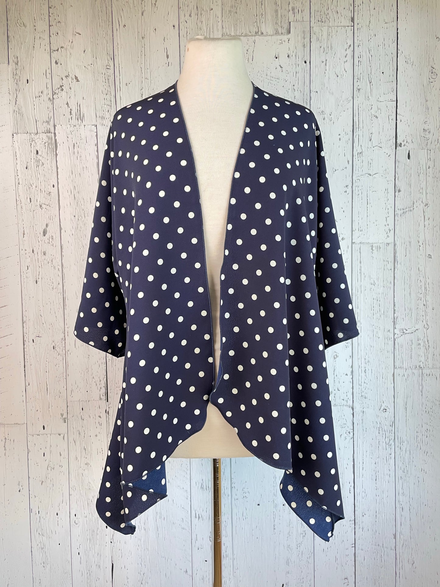 Navy & White Polka Dot Sleeved Kimono Mid Length