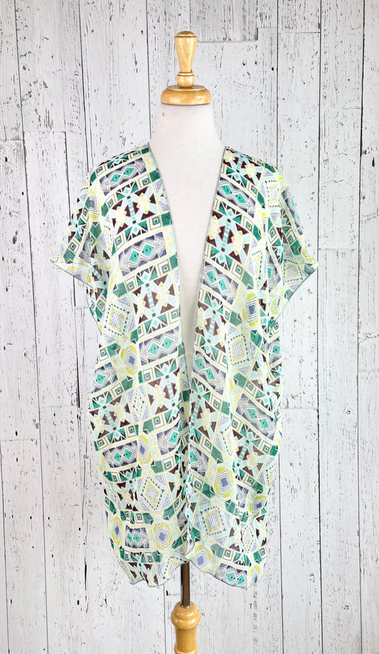 Green Geo Print Short Sleeve Kimono
