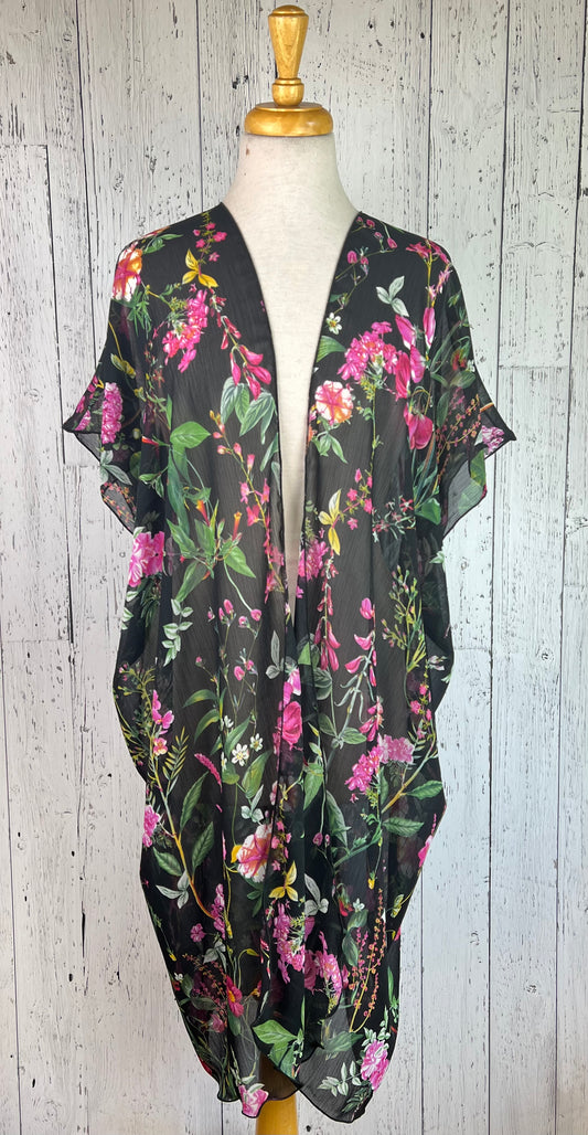 Black Floral Short Sleeve Kimono