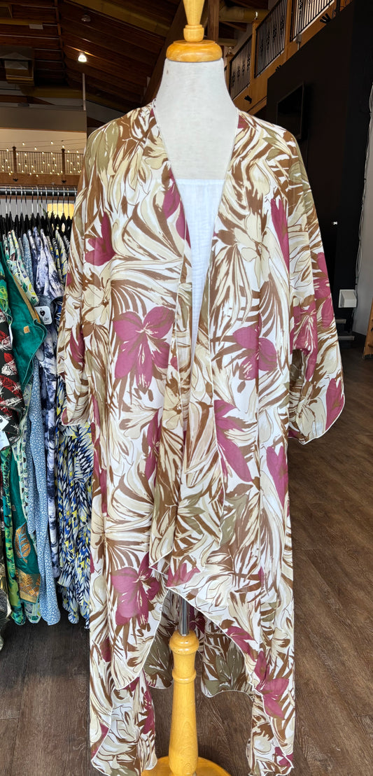 Cream & Burgundy Plants Sleeved Kimono Various Lengths