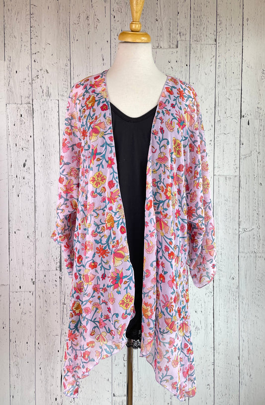 Pink Sparkle Floral Sleeved Kimono Various Length